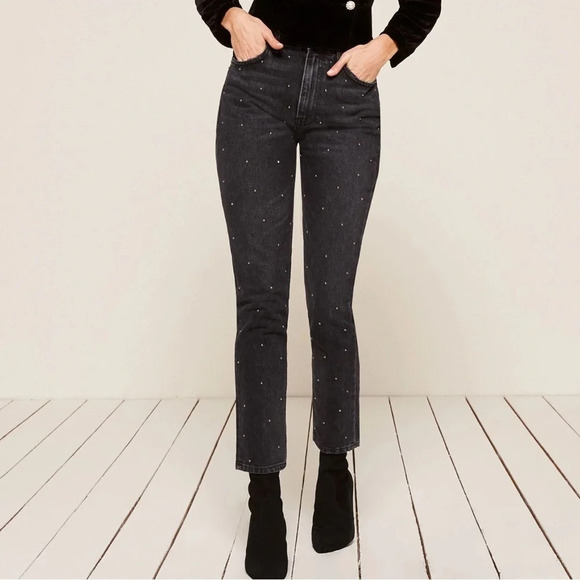 NWOT Reformation Harley Studded High Rise Slim Jeans Pacific Black Denim 24 - Picture 1 of 12